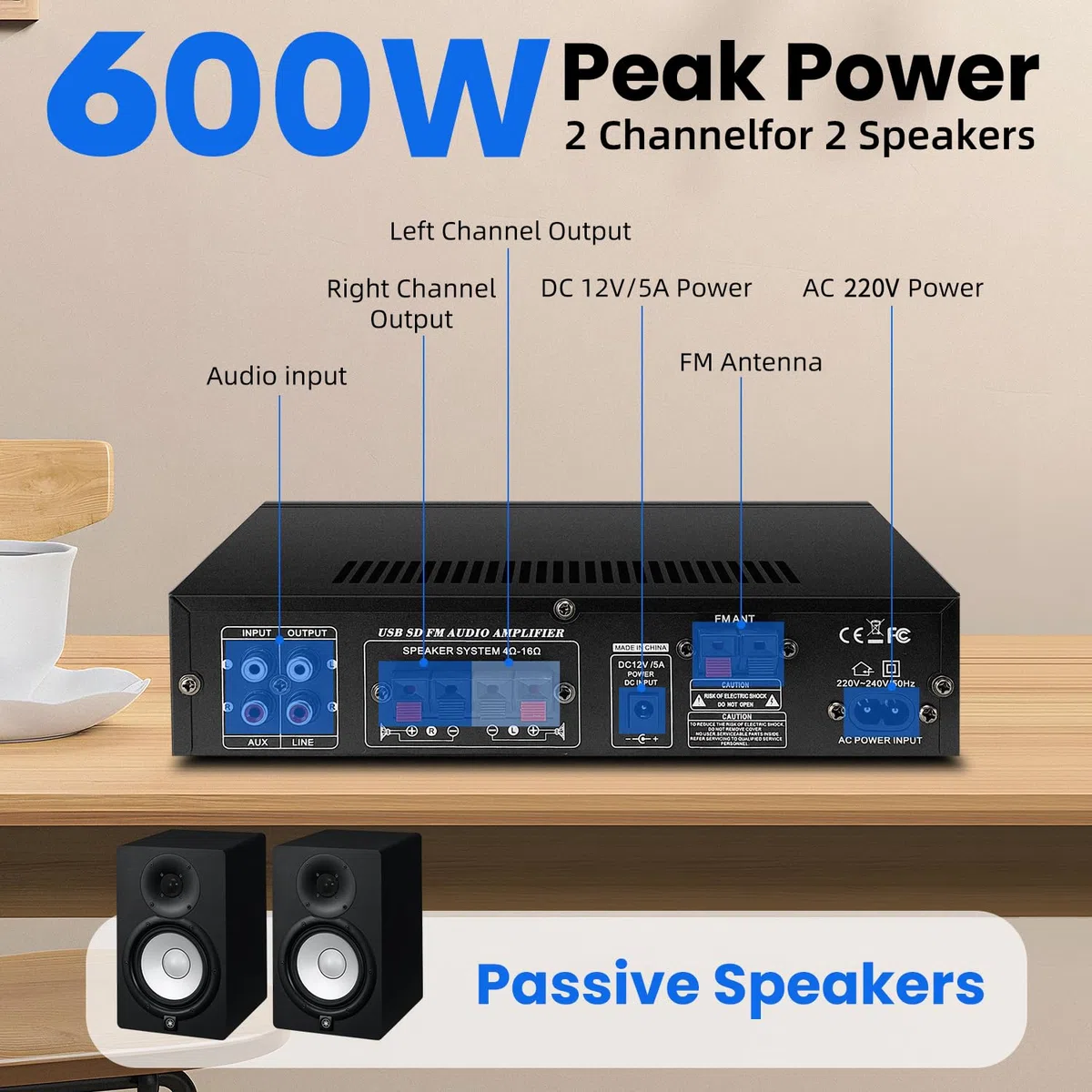 Amplificatore Bluetooth 5.0 1000W RMS 60W X2 Stereo con Telecomando e Mini Display LCD, 12V/220V, 2.0 Canali con Ingresso USB/RCA/Scheda SD per Casa, Auto Audio Speaker