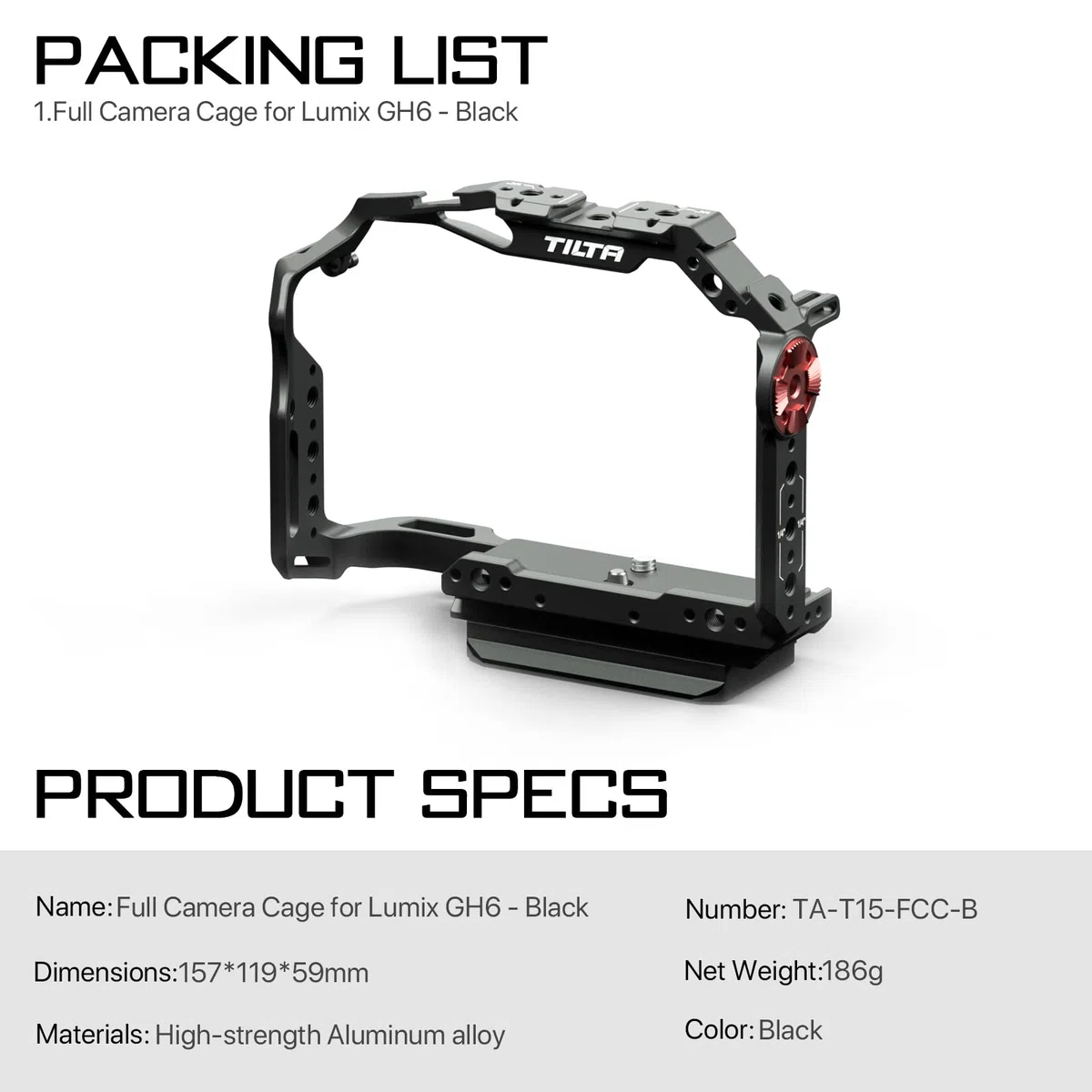 TILTA Gabbia completa per fotocamera compatibile con Panasonic GH6 GH7 con piastra inferiore, gabbia video per fotocamera Kit per la realizzazione di film TA-T15-FCC-B