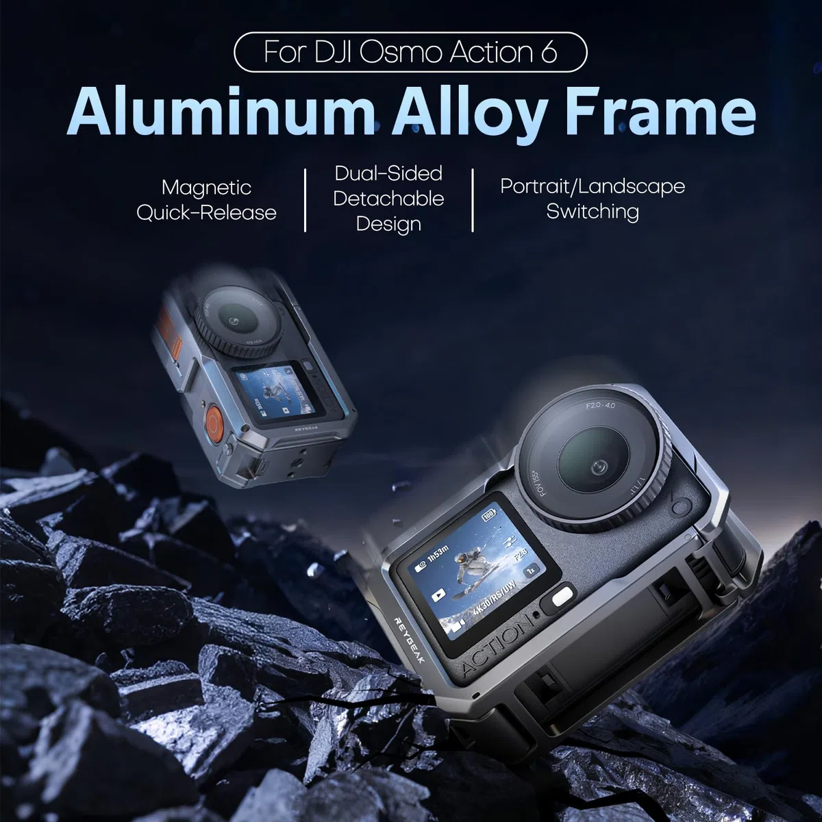 REYGEAK Gabbia in metallo ultra leggera per DJI OSMO Action 6, telaio in alluminio con vite da 1/4", scarpa fredda, supporto adattatore a sgancio rapido con doppio artiglio per OSMO Action 6
