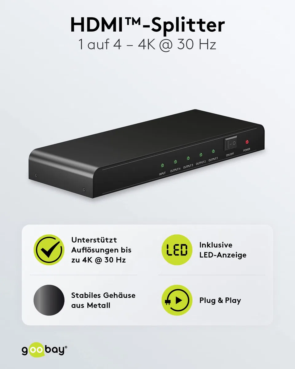 goobay 58482 - Splitter HDMI 1 in 4 Out/4K a 30Hz (2160p), HDMI 1.4 Switch per quattro monitor con 60Hz a 1080p, nero