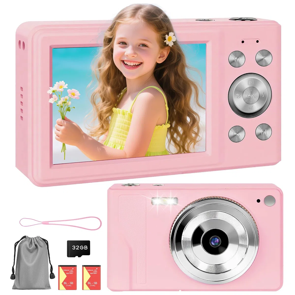 Fotocamera Digitale 56MP 1080P FHD con Autofocus16X Zoom Digitale, Fotocamera Compatta Portatile con Schermo LCD 2,8", Scheda SD 32GB 2 Batterie Perfetta per Adolescenti, Principianti (Rosa)