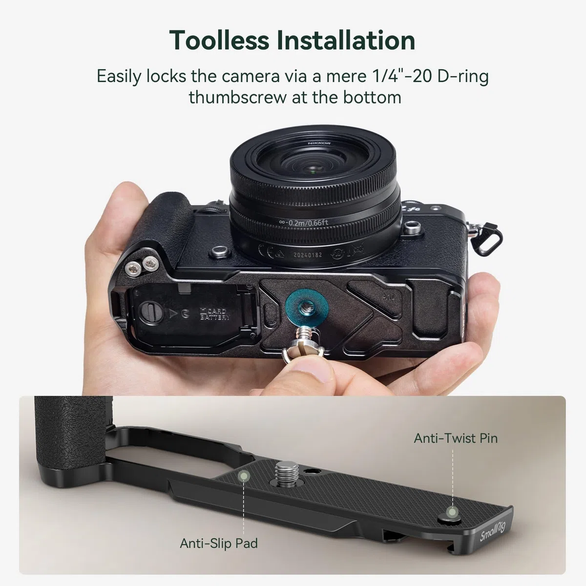 SMALLRIG Z fc Impugnatura, Impugnatura a Forma di L per Nikon Z fc (nera), con Foro Filettato 1/4"-20, Cold Shoe, Piastra a Sgancio Rapido per Arca, Leggera e Confortevole - 4263