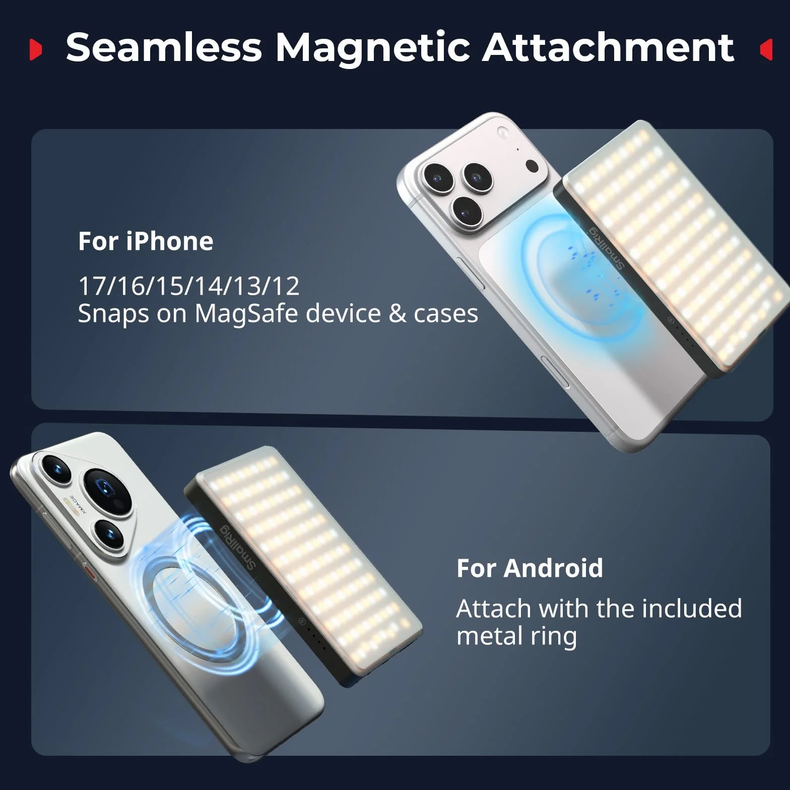 SMALLRIG M3 Luce LED Video Magnetica per Selfie con Clip, 120 LED 2000mAh Ricaricabile CRI90+, 2700K-6500K, Illuminazione di Riempimento Portatile con Clip per iPhone, iPad, Fotocamera/Laptop - 5505