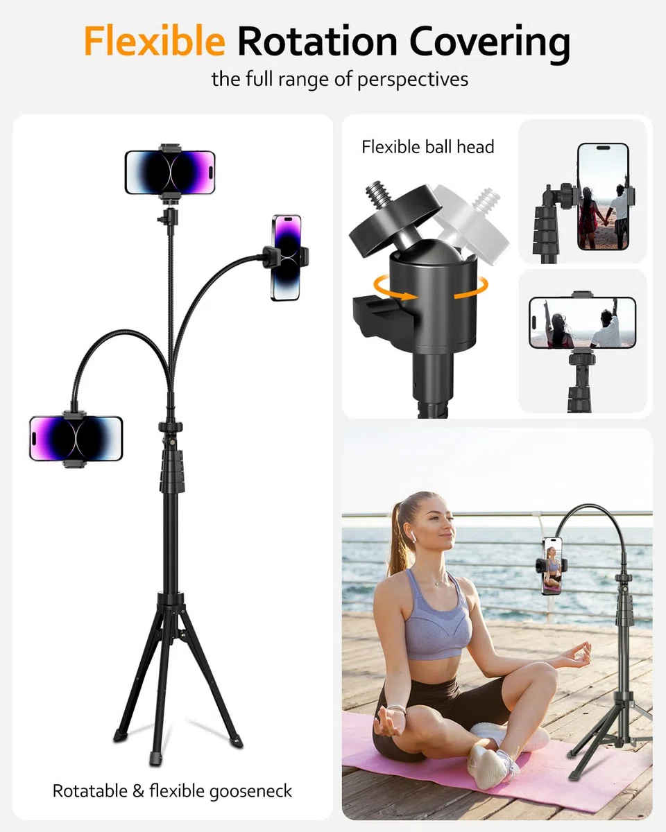 Aureday Supporto per cellulare da 88" per selfie con tubo flessibile da 14,95", telecomando Bluetooth e supporto per telefono cellulare, supporto per iPhone, telefoni Android e fotocamere