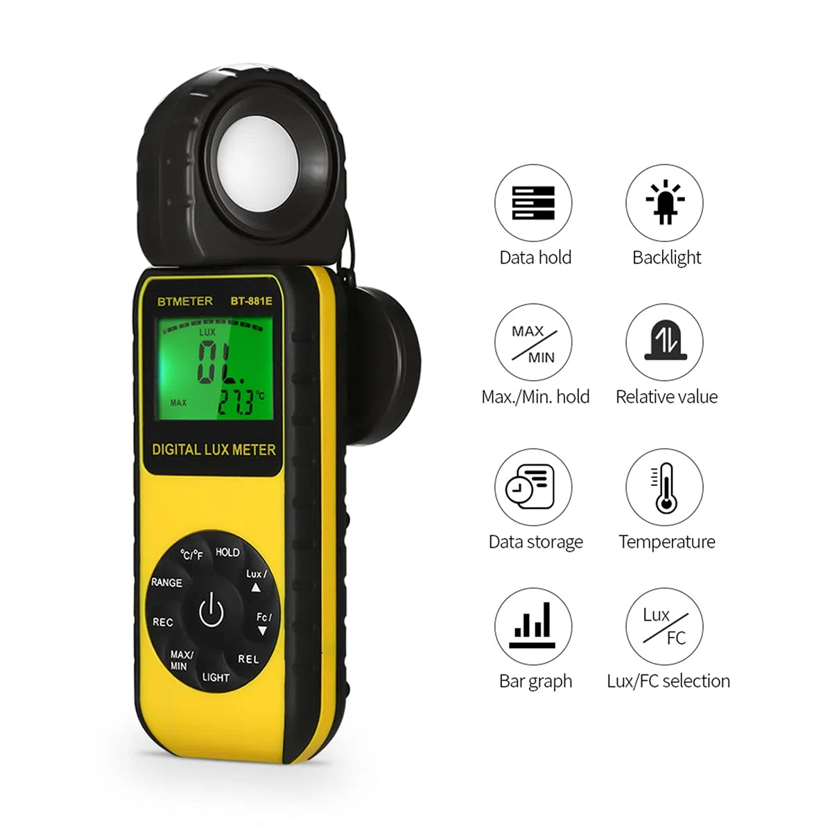 Luxmetro Digital, BTMETER BT-881E Misuratore di Luce Misura 0,01~300,000 Lux/FC, Luxometri Portatile Misuratore Lumen con Temp Ambientale e Schermo Retroilluminato per Piante, Esposimetro, Fotografico