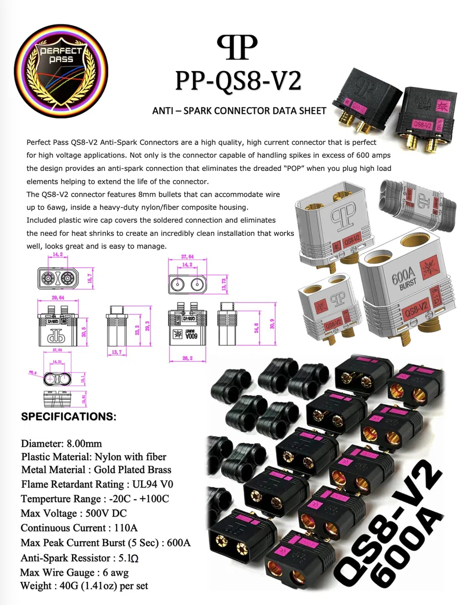 Perfect Pass QS8-V2 - Set di connettori anti-scintilla (5 pezzi) maschio e femmina + coperture per cavi (4 pezzi x 5) / nuova versione migliorata del connettore QS8-S / 600A Burst/proiettili da 8 mm