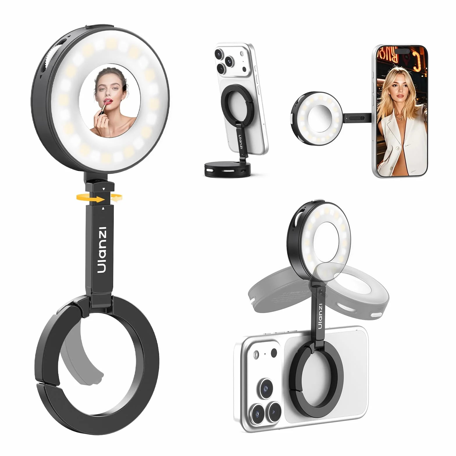 ULANZI ML05 Luce selfie per telefono, Luce ad anello magnetica per selfie con specchio, 9000K CRI≥97, Ring light portatile per smartphone ad angolo completo per viaggi, vlog, foto e video, Nero
