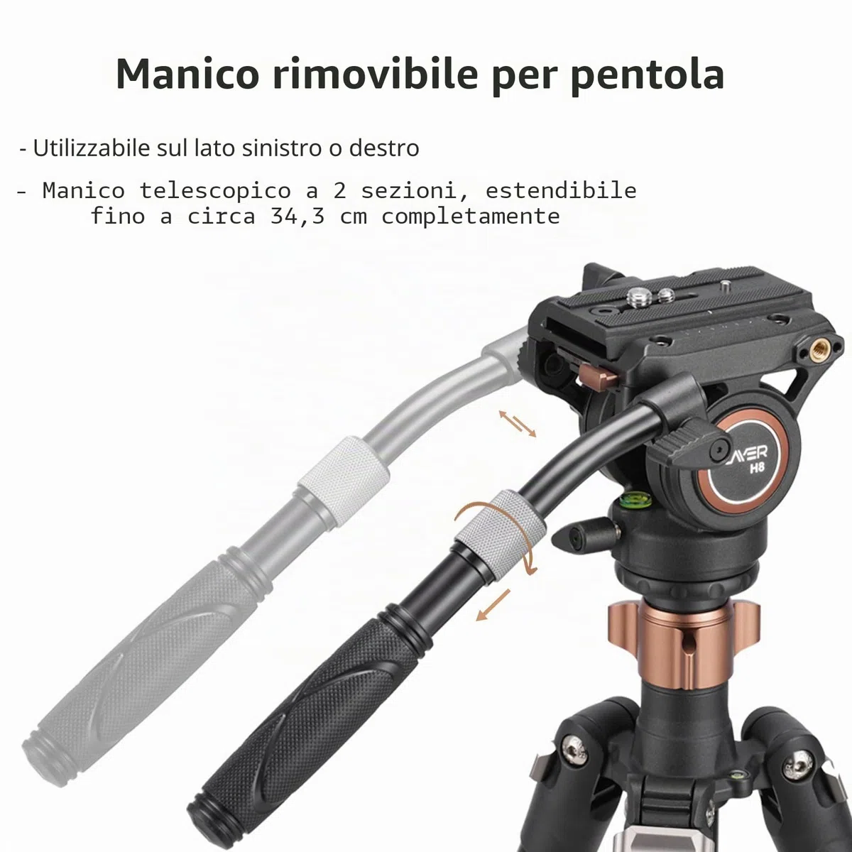Testa fluida, treppiede Cayer H8 Videocamera Testa fluida con trascinamento per Canon Nikon Sony Olympus Panasonic DSLR Camera, con vite di montaggio da 3/8 "e 1/4", impugnatura a 2 sezioni