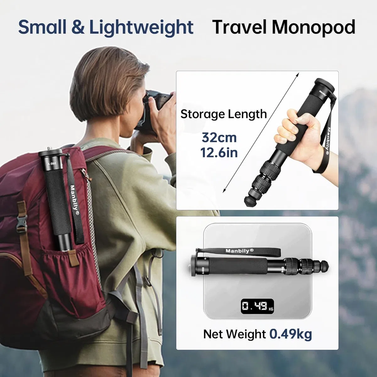 Manbily A-888 Fotocamera Monopiede, Lunghezza 32 centimetri - 156 centimetri, Monopiedi in alluminio per fotocamere 7 Sezioni, Compact Viaggi Portatile Selfie Stick per DSLR Smartphone Concert