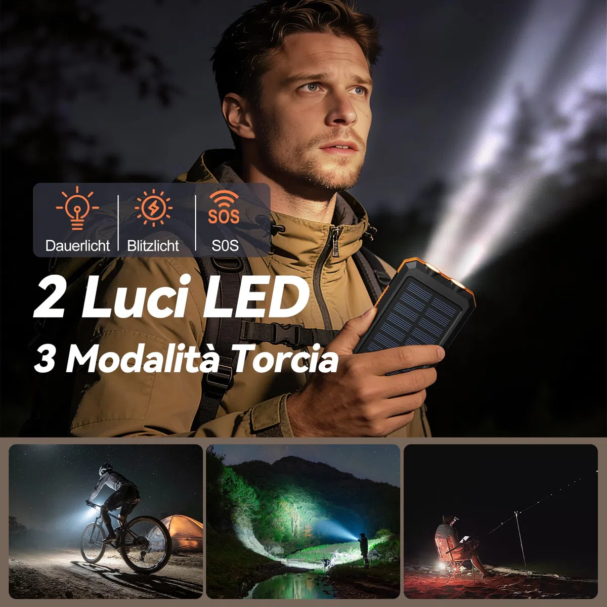 Vikeri Powerbank Solare da 26800 mAh, Power Bank Solare Impermeabile, Porta USB-C per Ricarica Rapida, con 4 uscite, per Smartphone, Tablet, ecc. (Arancione intenso)