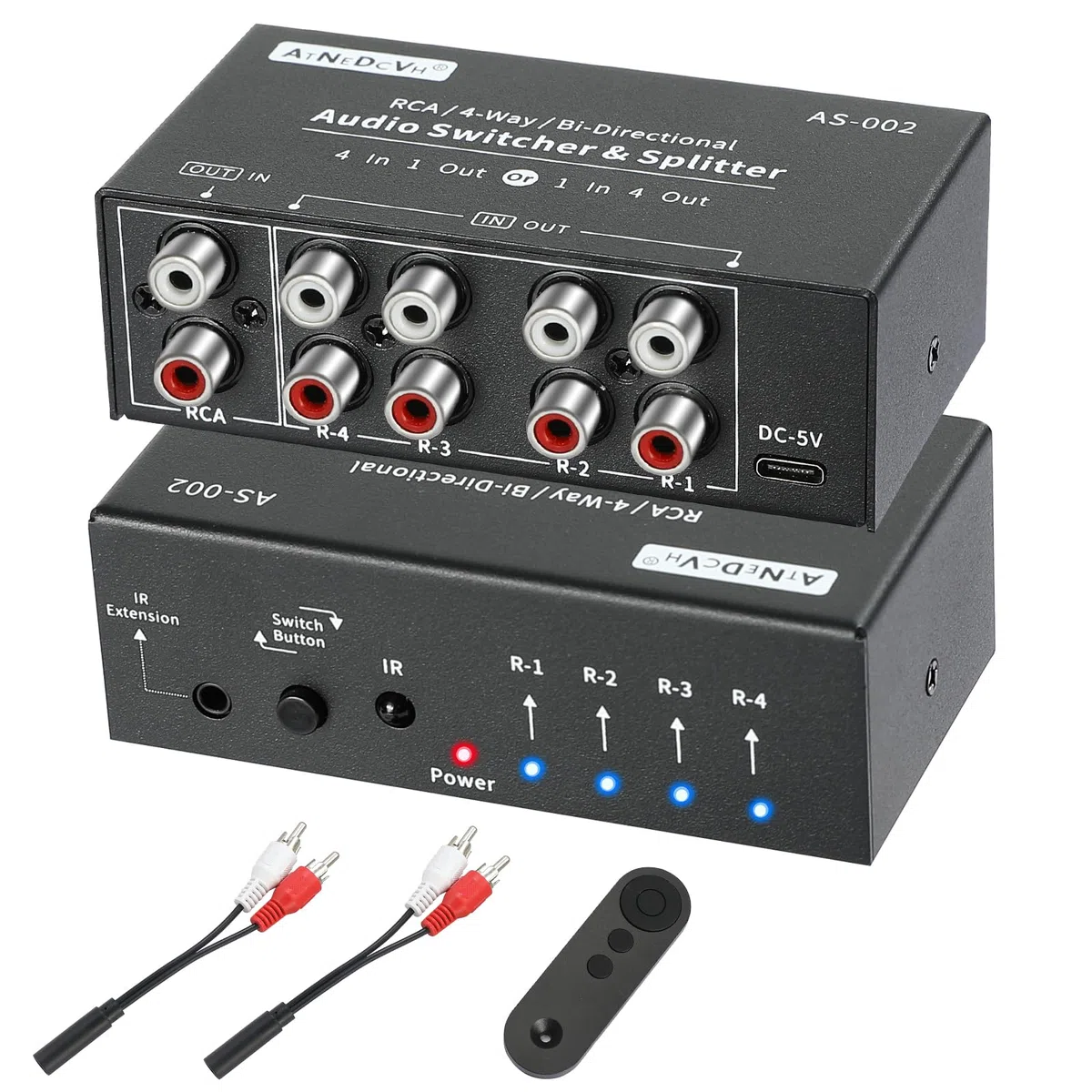 L/R Splitter commutatore audio bidirezionale compatibile con RCA a 4 vie, 1 ingresso 4 uscite / 4 ingressi 1 uscita Stereo L/R Selettore canale box con telecomando per altoparlanti