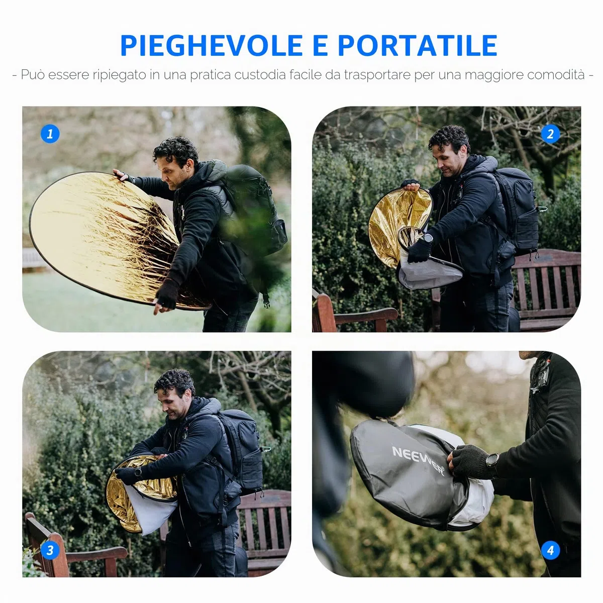 NEEWER 110cm 5-in-1 Riflettore Rotondo Portatile Pieghevole (Trasclucido, Argento, Dorato, Bianco, Nero) per Studio Fotografico