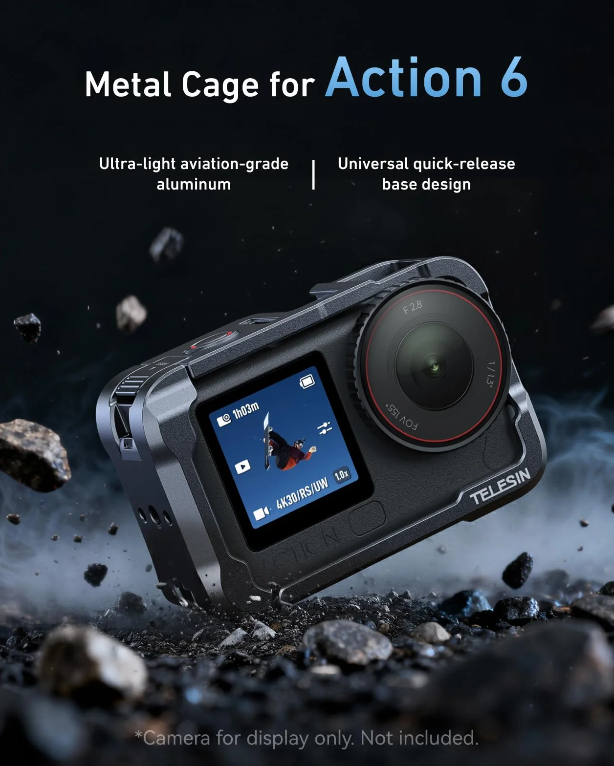 TELESIN Gabbia Protettiva in Alluminio per DJI Osmo Action 6, CNC Metal Quick-Release Cage con Protezione Obiettivo, Accesso Rapido Batteria, Cold Shoe, Filetto 1/4" & Porte di Espansione