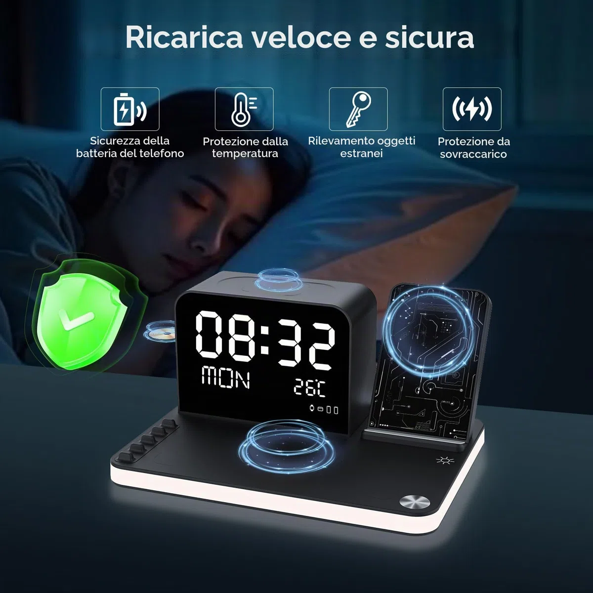 Caricabatterie wireless 7 in 1 con orologio, temperatura e data, compatibile con iPhone 17/16/15/14/13 Pro Max, AirPods e Apple Watch, compatibile con Samsung S25/S24, luce notturna regolabile, 33W