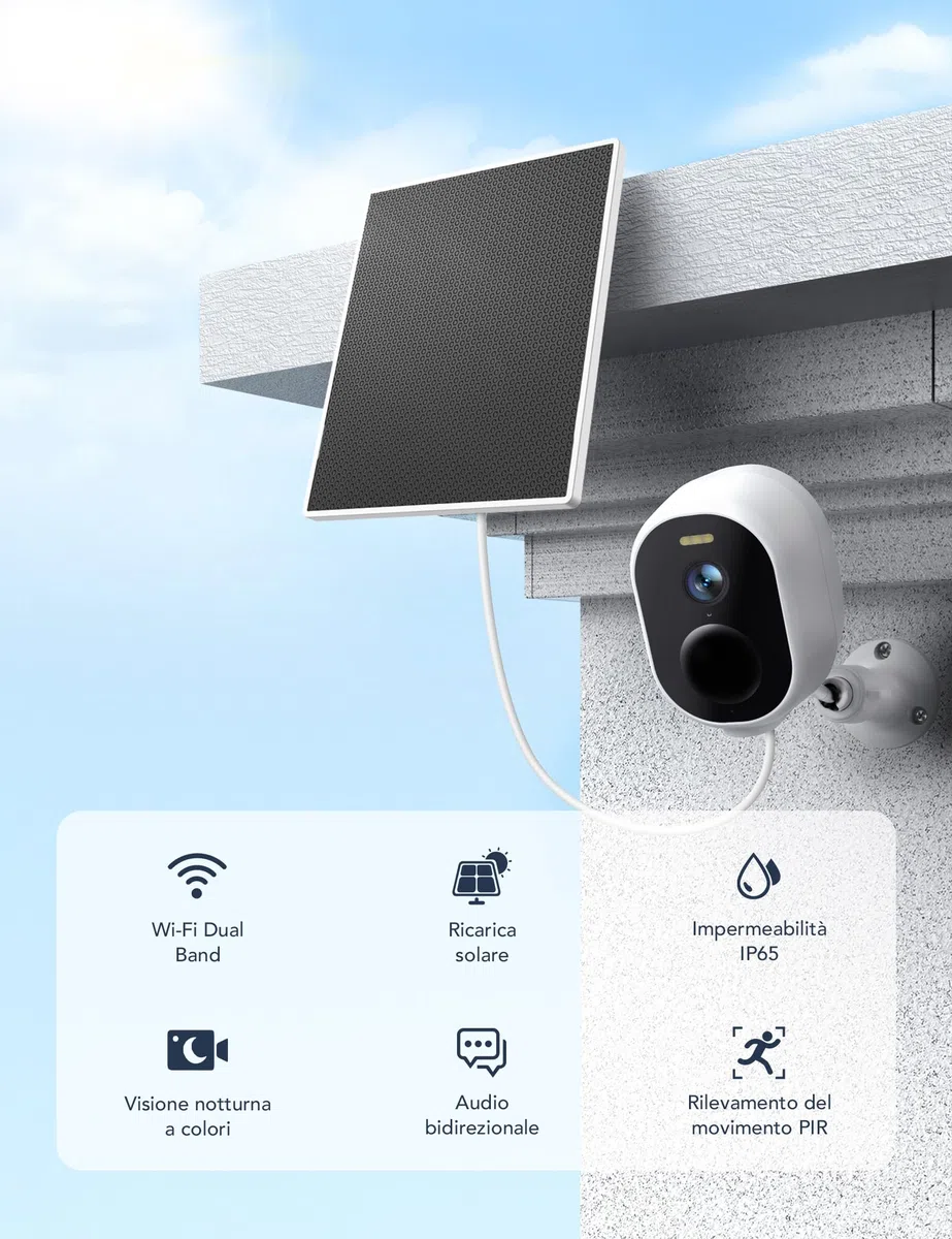 GNCC 2K Telecamera Wi-Fi Esterno Batteria Senza Fili Con Solare Pannello | Videocamera Esterno con Visione Notturna a Colori, Audio Bidirezionale, Allarmi PIR, Funziona con Alexa, 2.4G/5GHz WiFi, IP65