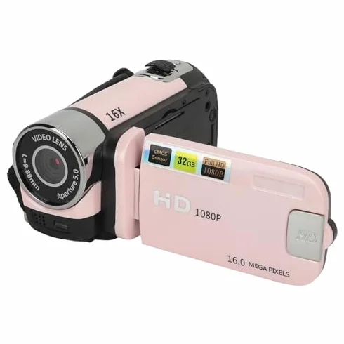 Registratore per Fotocamera Digitale, Videocamera Full HD 1080P 16MP, Fotocamera per con Schermo Ruotabile da 2,4 Pollici, Zoom 16X, Luce di Riempimento, Anti-vibrazione