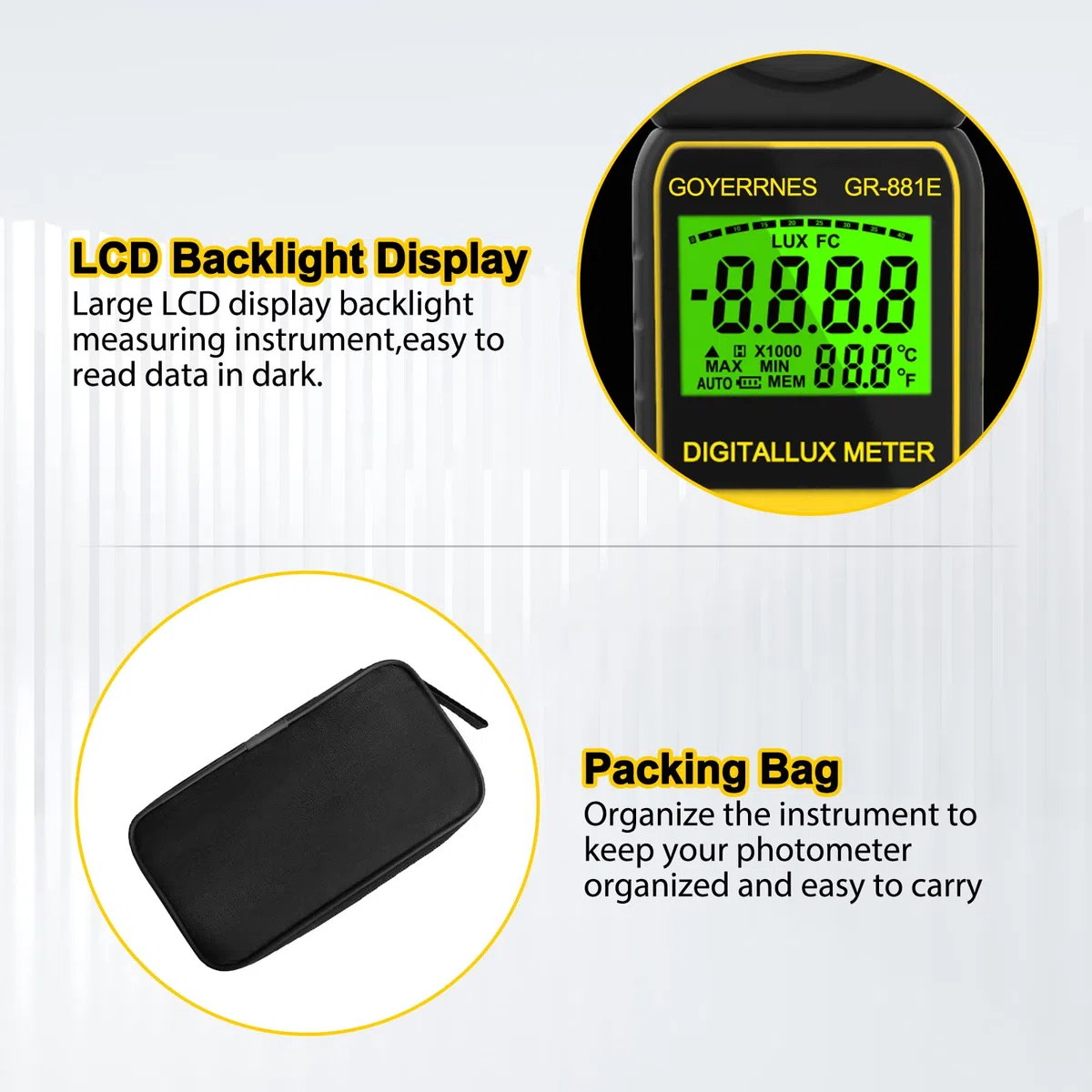Misuratore di illuminazione digitale, misuratore di lux GR-881E portatile per l'illuminazione a temperatura ambiente misura fino a 300.000 Lux fotometro con rilevatore ruotabile di 270º.
