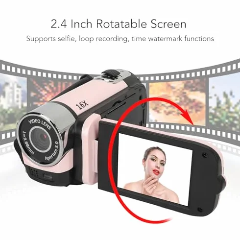 Registratore per Fotocamera Digitale, Videocamera Full HD 1080P 16MP, Fotocamera per con Schermo Ruotabile da 2,4 Pollici, Zoom 16X, Luce di Riempimento, Anti-vibrazione