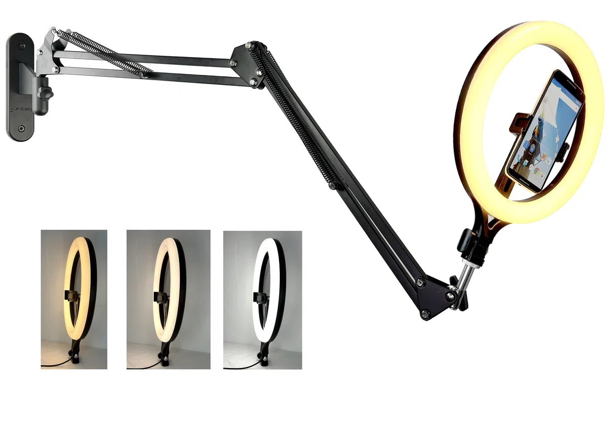 Supporto per telefono da parete con luce ad anello, 28 cm, luce per selfie con braccio a parete compatibile con Samsung e iPhone 16 15 14 13 12 11 Xr Xs X pro max