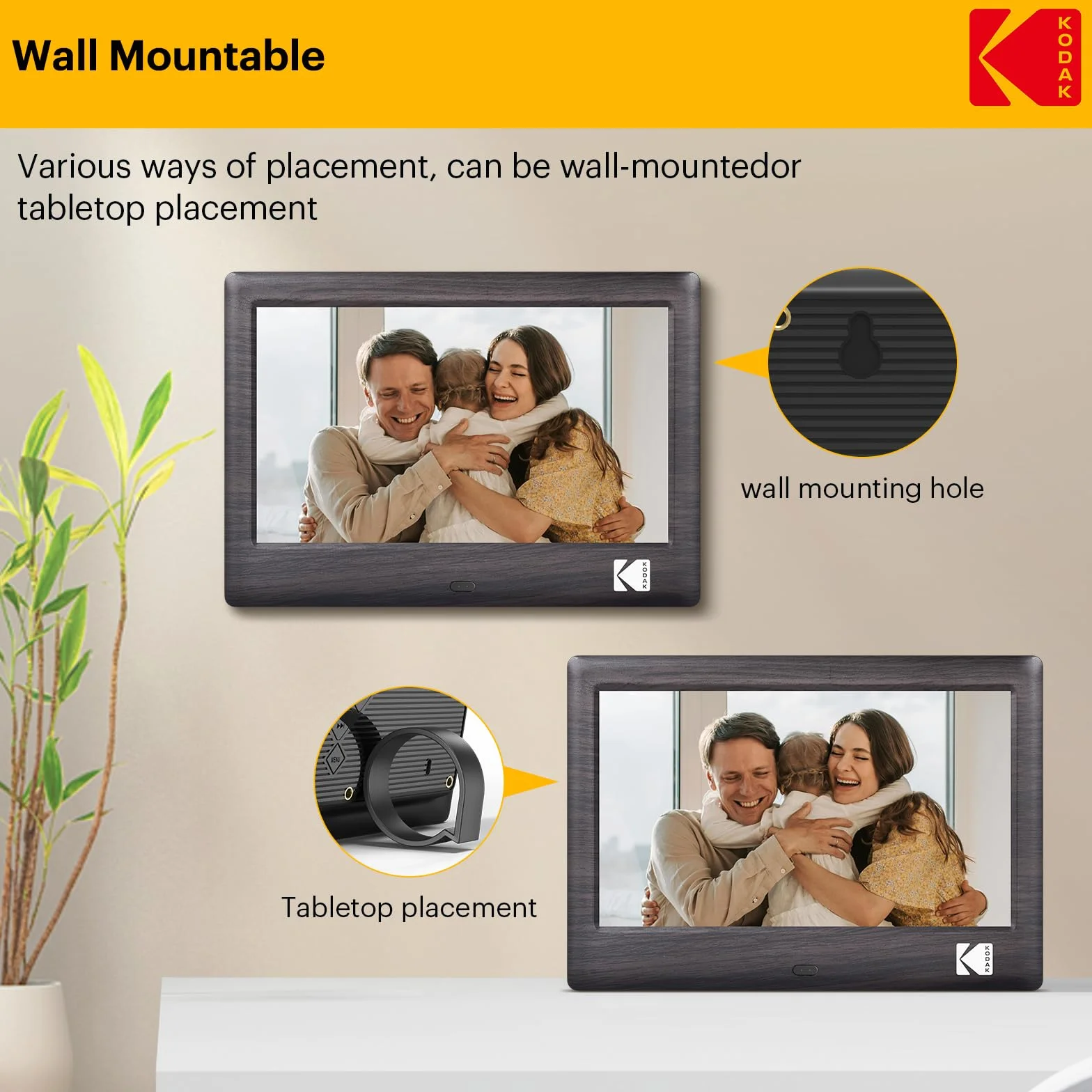 KODAK 7 pollici Cornice Digitale, cornice elettronica, schermo IPS, foto/musica/lettore video, calendario/allarme, supporto USB o scheda SD, rotazione automatica, con telecomando