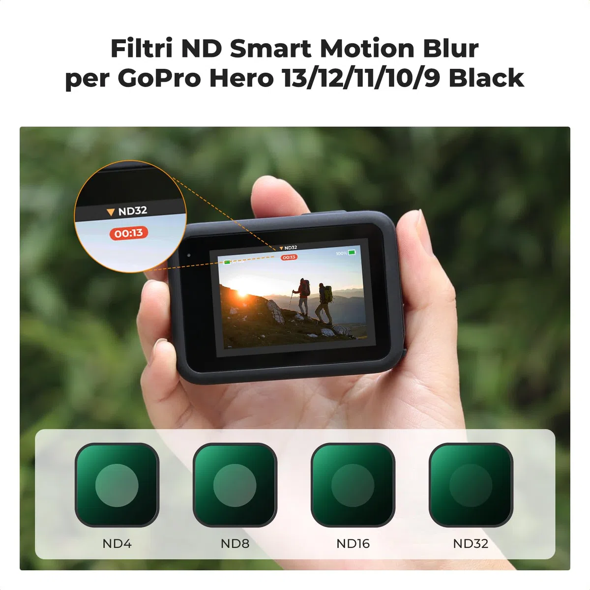 K&F Concept 4 Pezzi Set di ND Filtri (ND4 ND8 ND16 ND32) per GoPro Hero 13/12/11/10/9, Filtro Densità Neutra, con 28 Strati di Nano Rivestimento, Fotocamera di Azione Accessori