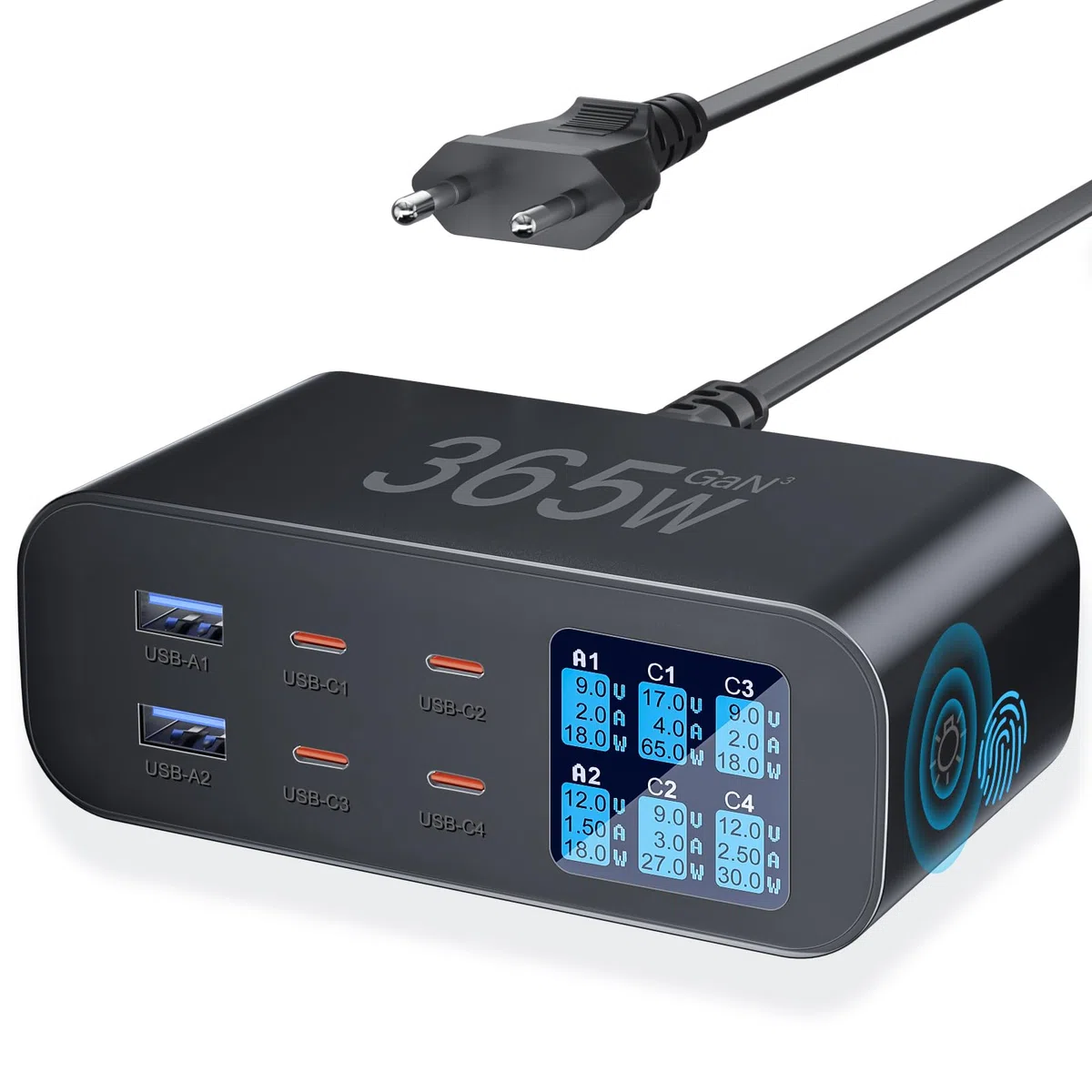 365W Caricatore USB C Multiplo con Schermo LED, YSYFAD 6 Porte Stazione di Ricarica GAN Fast PD Caricatore USBC 100W QC USBA caricabatterie per Macbook laptop usb i Phone Pad Watch Galaxy, Nero