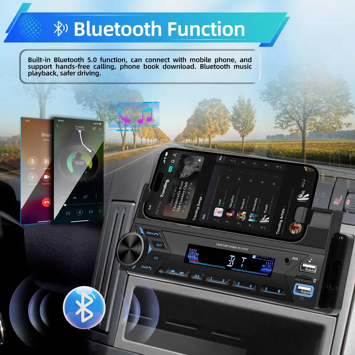 NHOPEEW Autoradio 1 Din con Bluetooth - Lettore MP3 Supporto per telefono - Doppia porta USB/TF Card/Radio FM/Ingresso AUX/Comando al volante/Pulsanti luminosi + microfono wireless