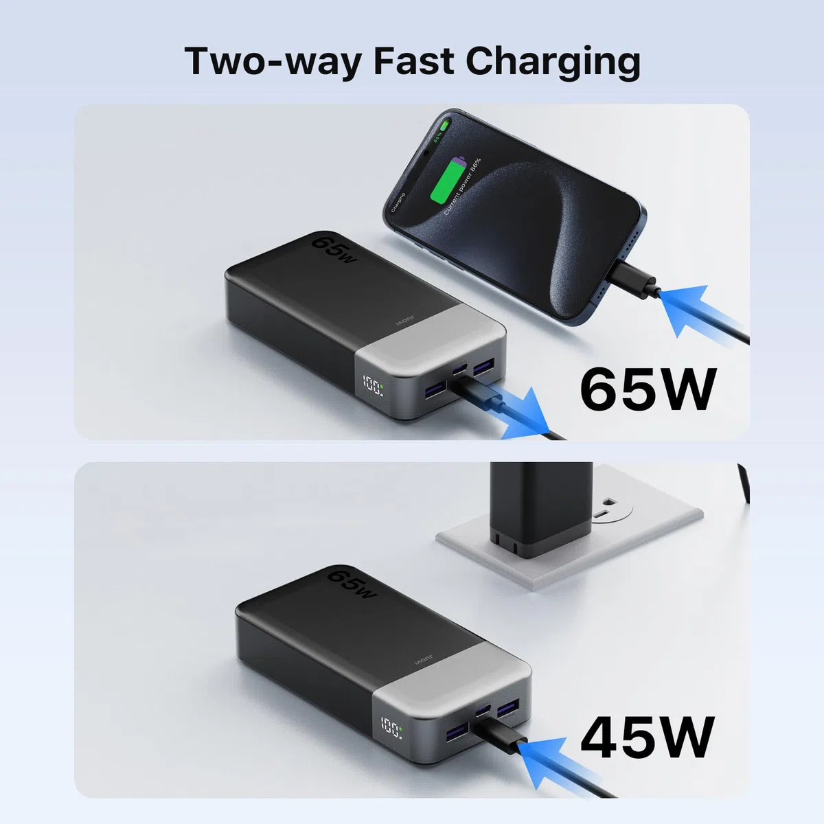 JUOVI 65W Power Bank, 20000mAh Laptop Caricatore Portatile Powerbank Ricarica Rapida Batteria Portatile Cellulare con USB C, per MacBook Dell XPS PC Portatile iPad iPhone 17 16 15 Samsung (Nero)