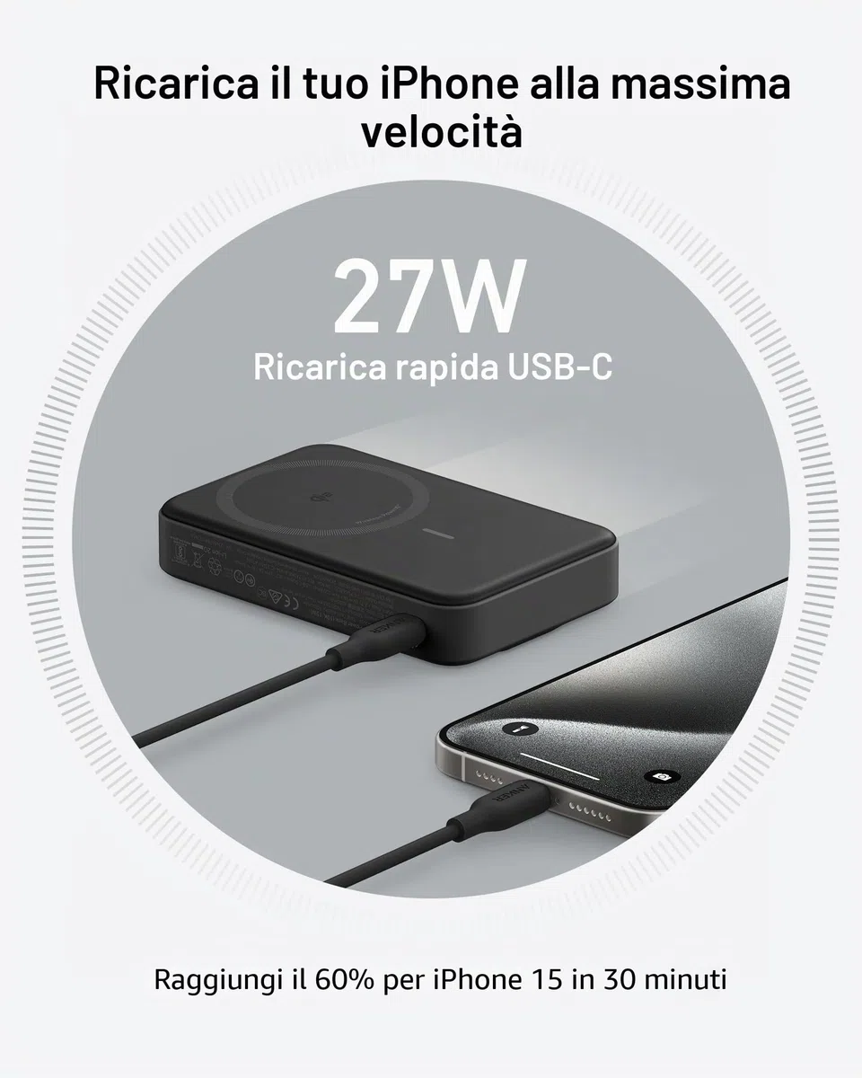 Anker MagGo Power Bank Magsafe 10000 mAh, Certificato Qi2 da 15 W, Caricatore Portatile Veloce, Display Intelligente e Supporto Pieghevole, per iPhone 17 Pro Max Air/Serie 16-12(Cavo USB C Incluso)