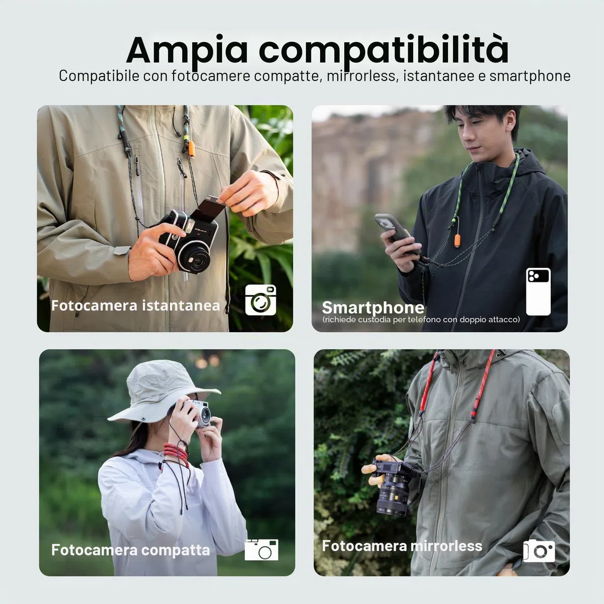 PGYTECH Cinturino per Fotocamera Slim Regolabile con Sgancio Rapido 820-1360mm Leggero per Fotocamere Mirrorless/Compatte/Instax/Digitali, Stile Outdoor