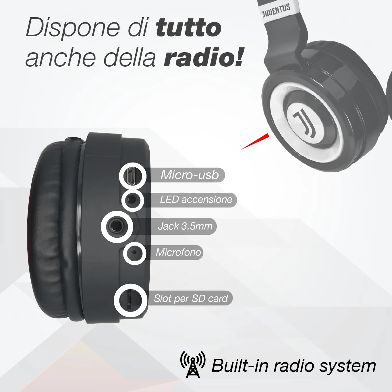 TECHMADE Juventus - Cuffie Senza Filo Cuffie Wireless Over-Ear, Cuffie Bluetooth Pieghevoli, con Microfono Incorporato, HiFi Stereo, Micro SD Slot,per iPhone/Android/Viaggio/PC (+ mini speaker)