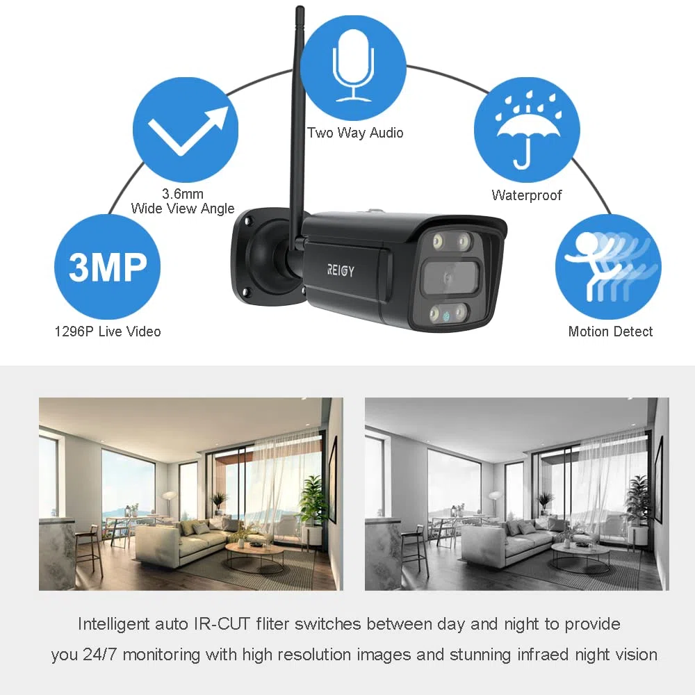 REIGY Sistema di telecamere CCTV WiFi da 3MP con proiettore, set di telecamere di sicurezza per esterni 8CH NVR + 4x telecamere 1296P con audio bidirezionale, visualizzazione remota, visione notturna
