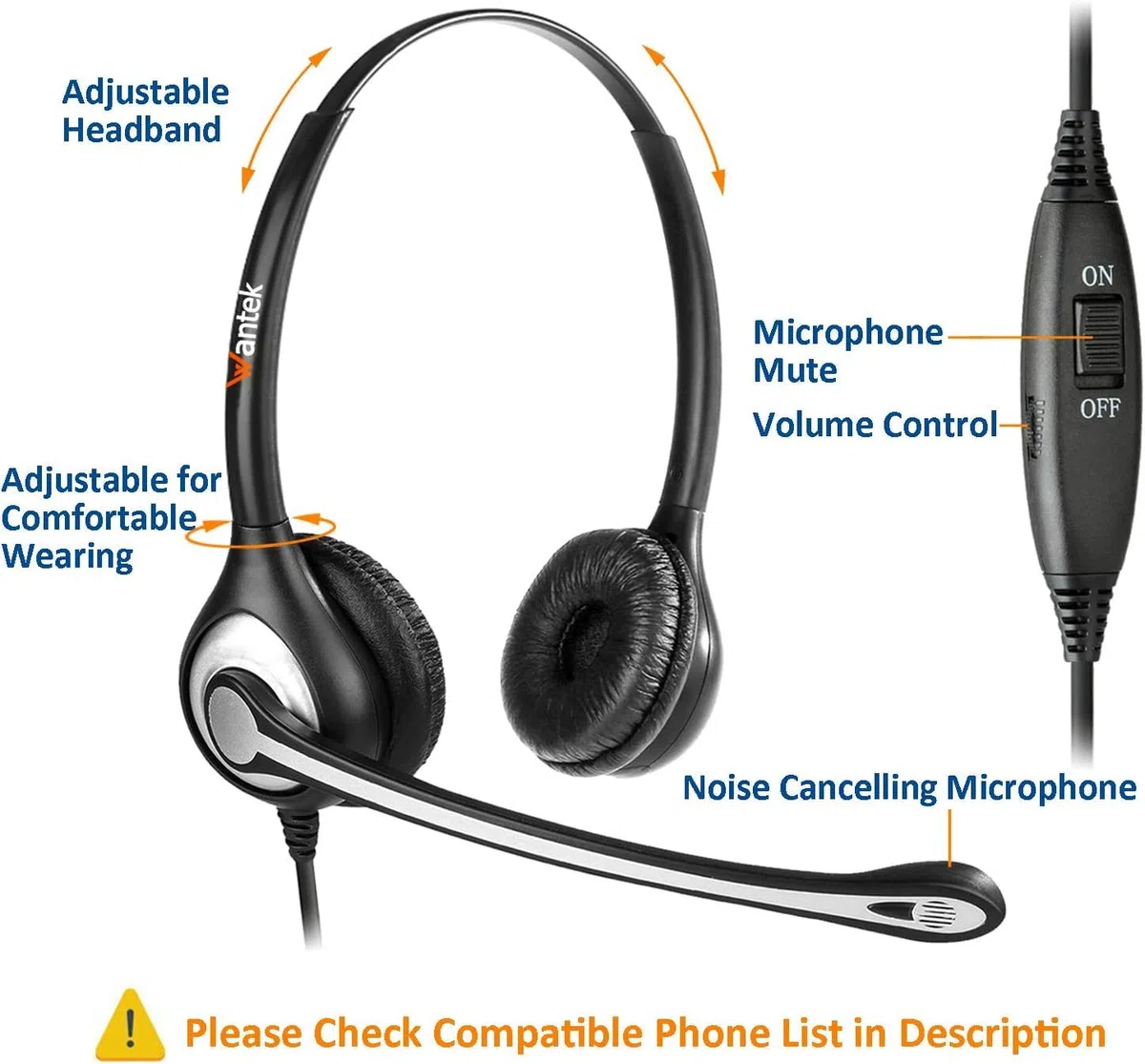 Wantek Cuffie Telefono Fisso Binaurale con Microfono Cancellazione del Rumore e Quick Disconnect, Auricolare Ufficio per Yealink Avaya Cisco Grandstream Panasonic KXT Telefoni IP(602QY1)