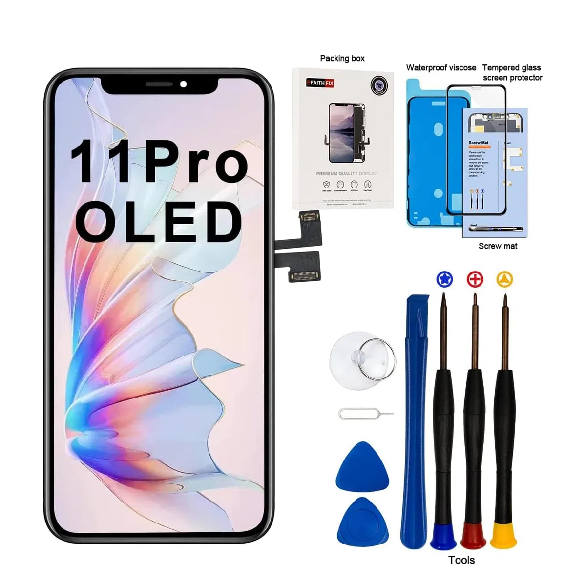 EFaith Schermo per iPhone 11 Pro 5,8" OLED Full HD Schermo di Ricambio 3D Touch Digitizer Assembly con Kit di Riparazione Completo + Protezione Schermo + Adesivo Impermeabile Modello A2160/A2217/A2215