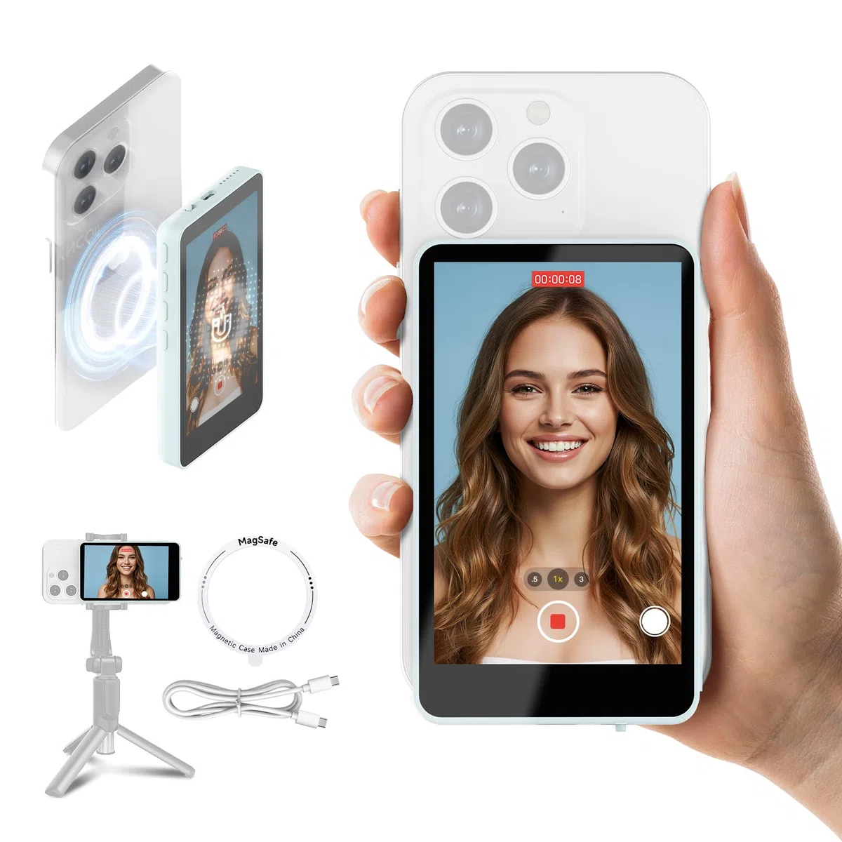 SYNCO XView Vlog Selfie Monitor Schermo 4K per iPhone e Android, Wireless Magnetico Telecamera Posteriore Phone Monitor con Gamma 164FT, Batteria 3H, Altoparlante Integrato per Youtube TikTok (Blu)
