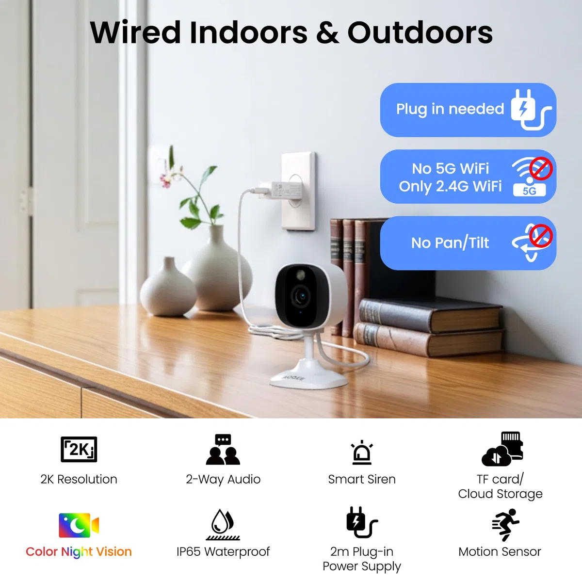 AOQEE Telecamera WiFi Interno, 2K Videocamera Sorveglianza Interno WiFi Wi-Fi Esterno, Impermeabile IP65, Visione Notturna a Colori, Rilevamento Umano, Registrazione Continua, Funziona Alexa, C1