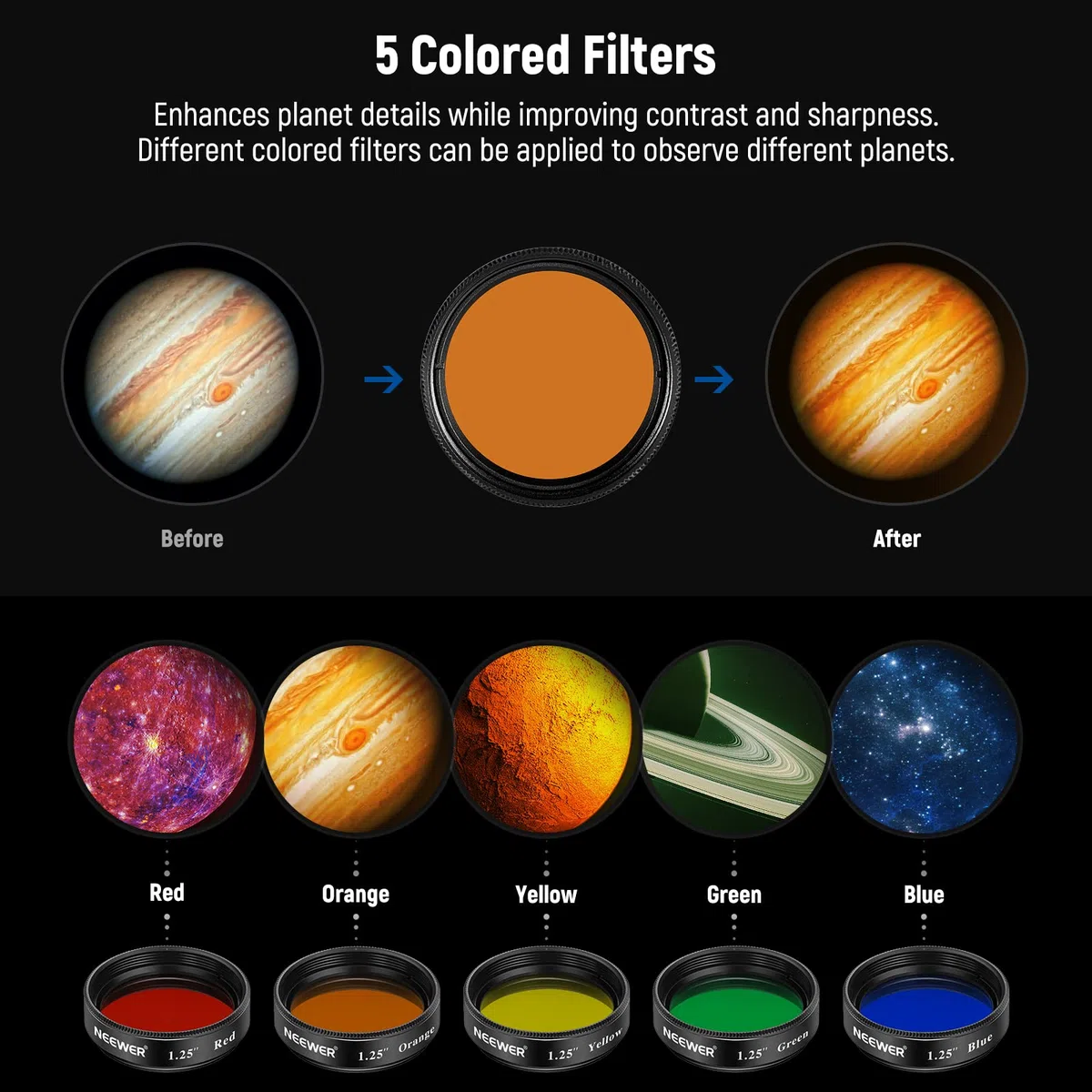 Neewer Kit 3,17 cm Filtri per Telecorder: Luna, CPL, 5 Colori (Rosso, Arancione, Giallo, Verde, Blu), Oculari per Osservazione Planetaria Lunare