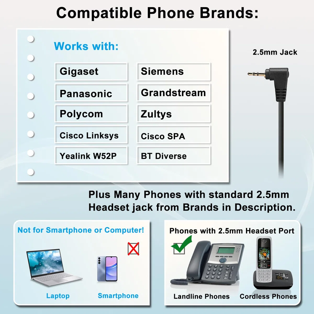 Cuffie telefoniche fisse senza fili con microfono Cancelling, 2,5 mm, compatibili con Panasonic Gigaset C430A C530 CL660HX S850 Yealink W52P Cisco Grandstream Polycom DECT telefoni fissi
