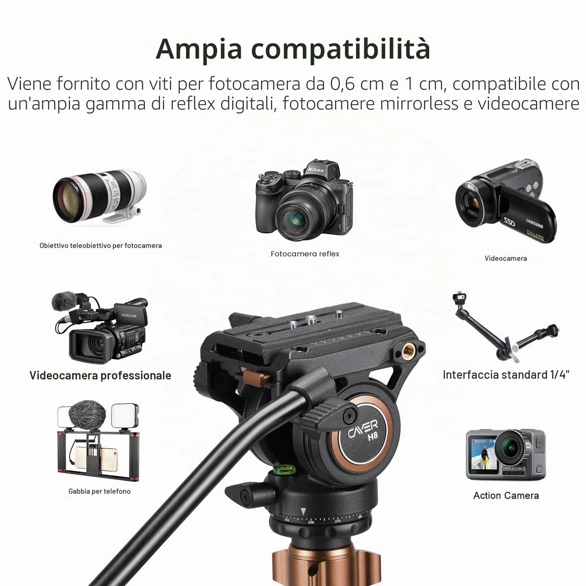 Testa fluida, treppiede Cayer H8 Videocamera Testa fluida con trascinamento per Canon Nikon Sony Olympus Panasonic DSLR Camera, con vite di montaggio da 3/8 "e 1/4", impugnatura a 2 sezioni