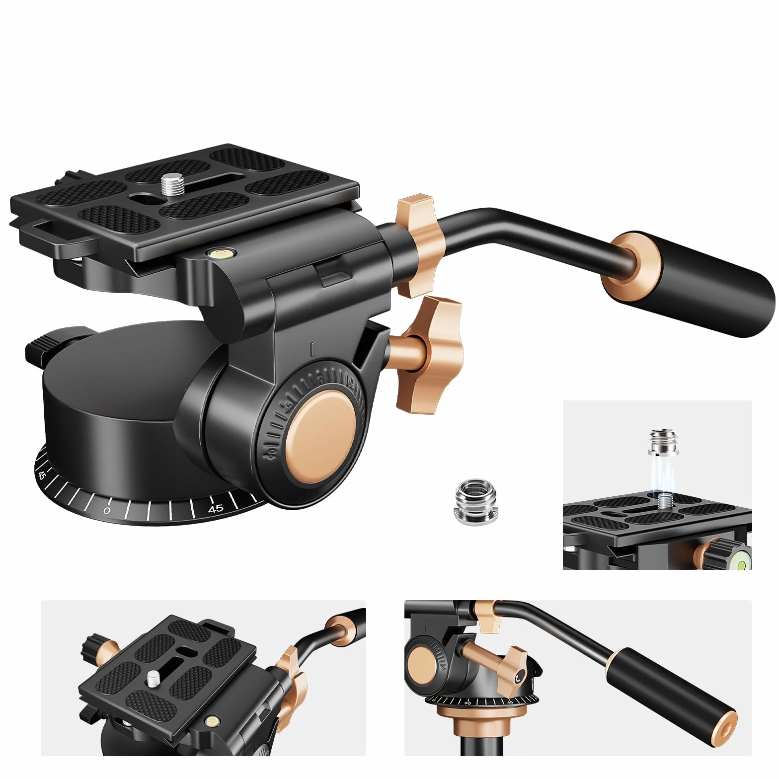 Soonpho Q-08S Testa Fluida Panoramica in Metallo di trascinamento del fluido con impugnatura estesa per videocamere DSLR, piastra scorrevole a vite da 1/4 3/8" Testa a treppiede rotante a 360 gradi