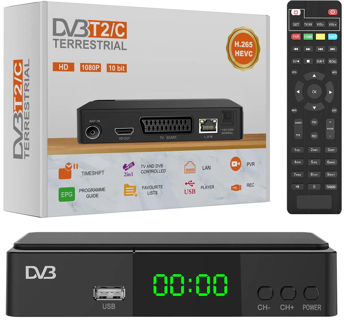 Decoder Digitale Terrestre 2024 - DVB-T2/C Decoder, Support Scart, HDMI Output, LAN Input, New signal HEVC Main 10 H265, 4TB PVR Recording