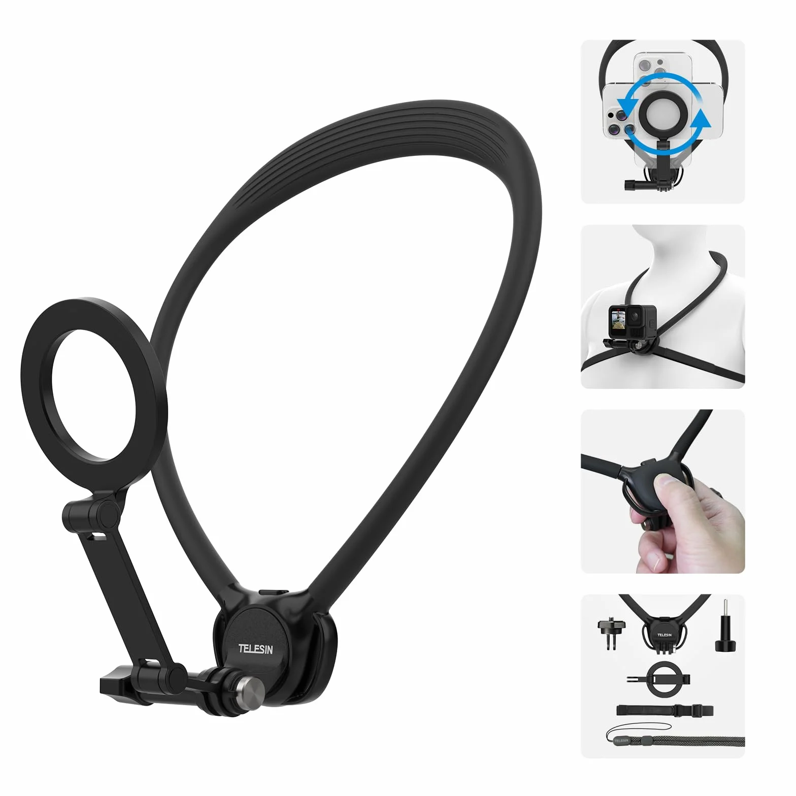 TELESIN SE 2.0 Supporto da collo, supporto magnetico per iPhone Android, fascia toracica, supporto per telefono con video POV a mani libere per iPhone 17 16 15 14 13 Samsung Android Action Camera