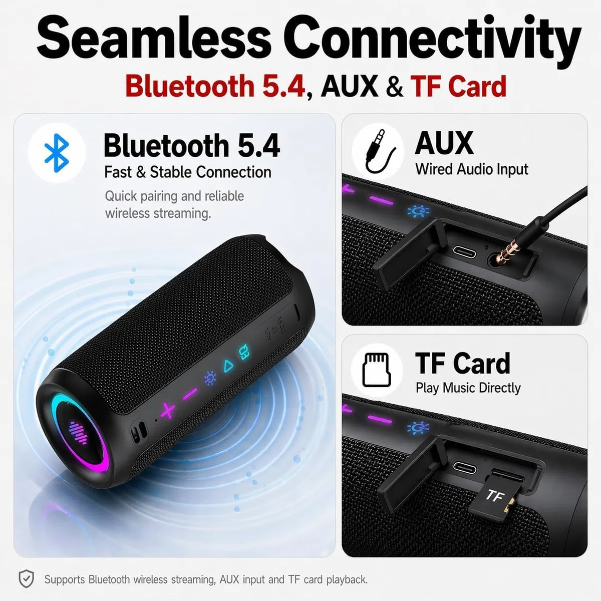 TIMU Cassa Bluetooth Portatile Potente, Altoparlante Bluetooth 5.4 con 2 Modalità EQ, IPX7, TWS, 24H di Autonomia, 8 Modalità RGB, Cinghia da Trekking, Compatibile con PC, AUX, TF