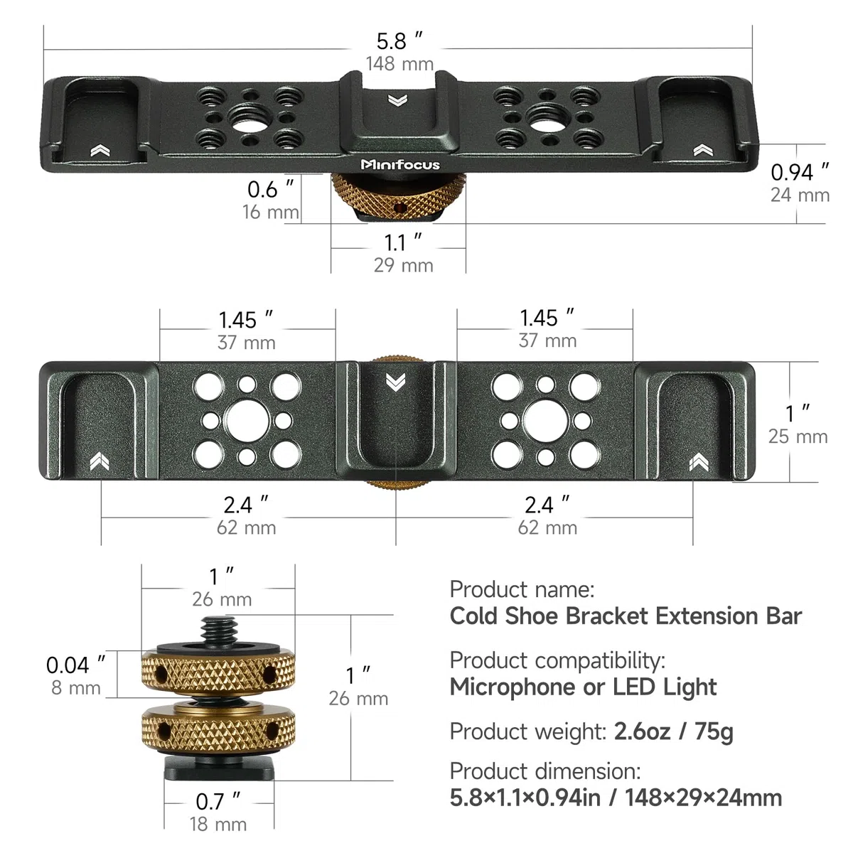 MINIFOCUS Supporto a barra di estensione per slitta fredda tripla, staffa di montaggio hot shoe in lega di alluminio con fori filettati da 6,35 mm per fotocamera DSLR, microfono, treppiede, luce video