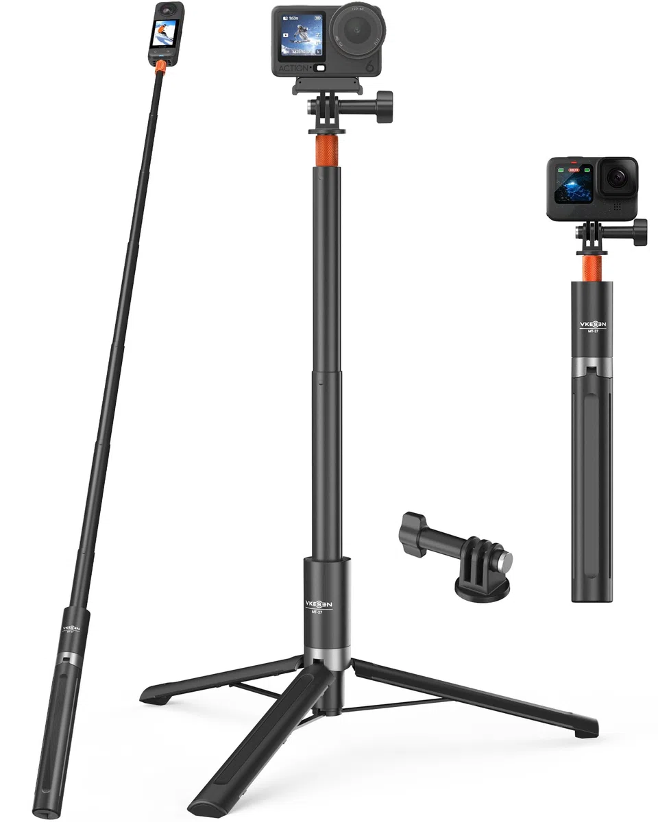 Treppiede per action cam da 147 cm, per Insta360 X5/X4/X3/Ace Pro 2/GO 3S, DJI Osmo 360, Pocket 4/3, tutti i modelli GoPro, impugnatura estensibile 2 in 1, supporto da viaggio, monopiede, accessori