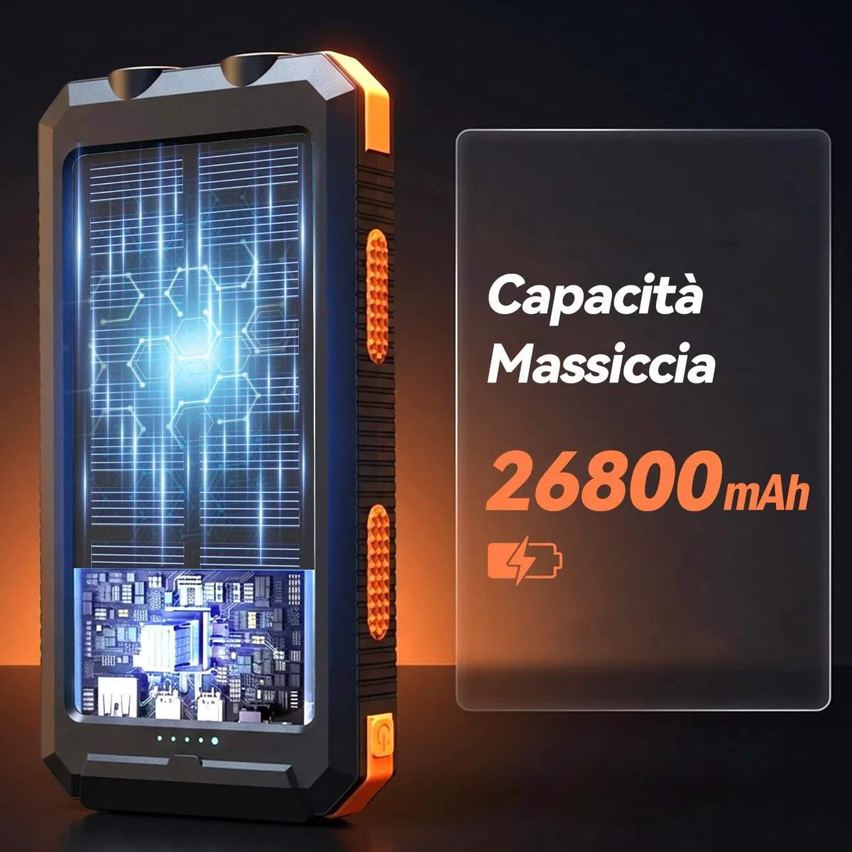 Vikeri Powerbank Solare da 26800 mAh, Power Bank Solare Impermeabile, Porta USB-C per Ricarica Rapida, con 4 uscite, per Smartphone, Tablet, ecc. (Arancione intenso)