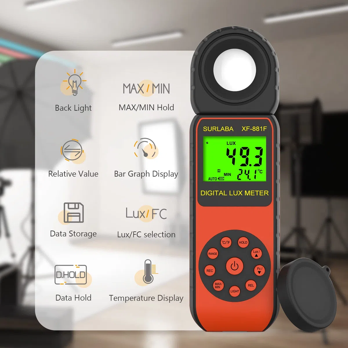 Luxmetro Digitale Light Meter, Misuratore di Luce Campo Misura 0,01~400.000 Lux, Illuminazione Meter con Sensore Rotato di 270º, Esposimetro Misurazione della Luminosità per Fotografi