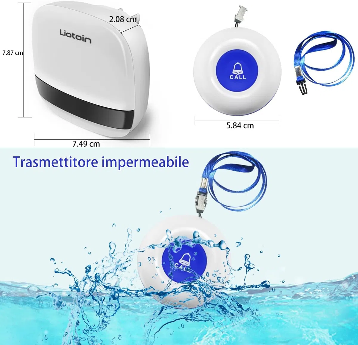 Pulsante di Chiamata Wireless, LIOTOIN Cercapersone con LED in Portata Fino a 180m Impermeabile Sistema di Assistenza per Anziani Pazienti Disabili Casa Ospedale (3 Trasmettitori 1 Ricevitori)