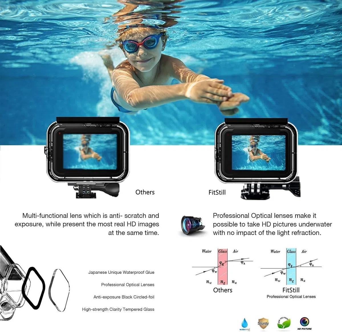 FitStill Custodia impermeabile subacquea 40m, compatibile con Go Pro Hero 2018/7/6/5, monopiede galleggiante per Hero7, Hero6, Hero5
