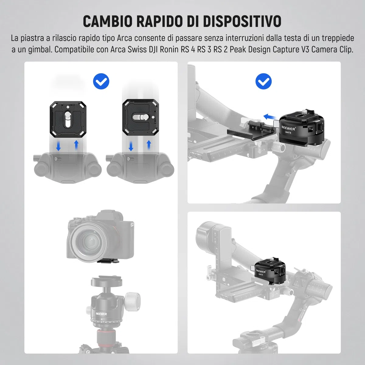 NEEWER GM47B Kit Piastra a Sgancio Rapido, Adattatore Treppiede Fotocamera QR Quadrato con Base a Morsetto Compatibile con Arca Swiss DJI Ronin RS 4 Pro RS 3 RS 2 Peak Design Capture V3 Camera Clip